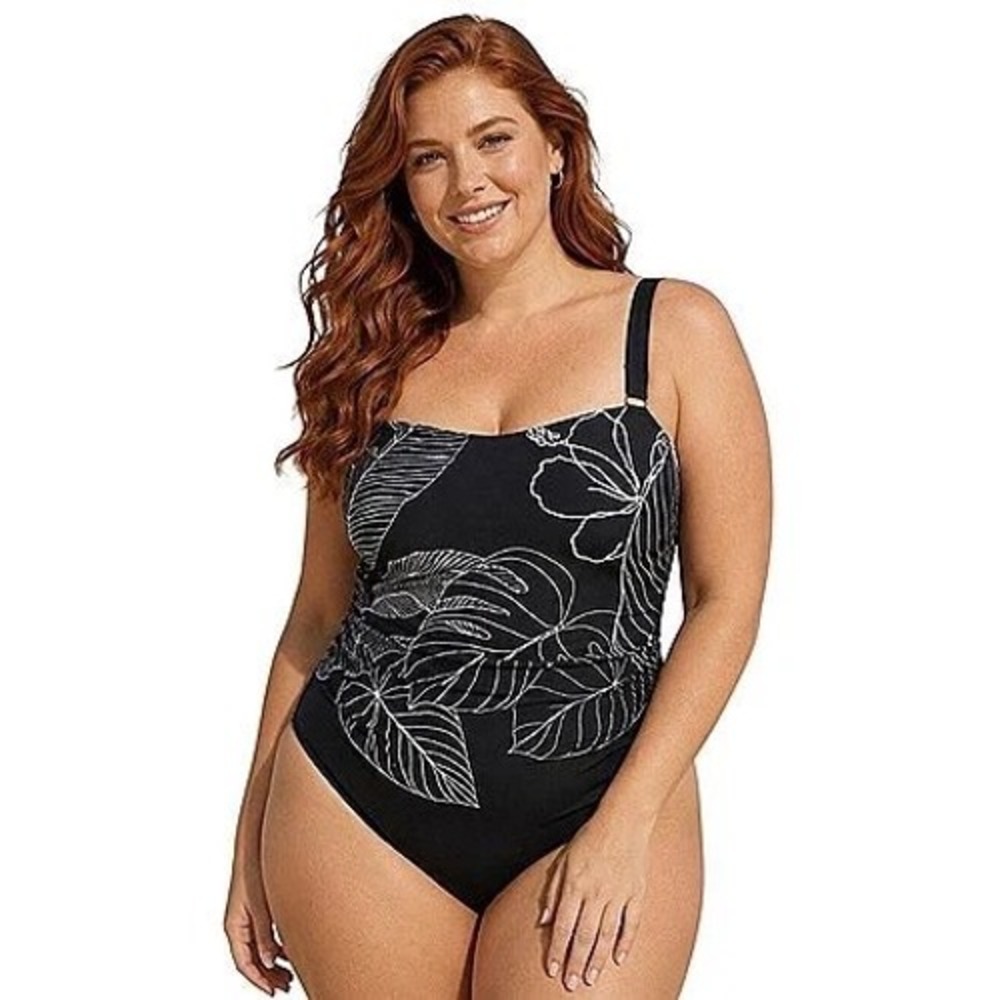 Susan Graver Womens Plus 26W Black White‎ Tropical Leaf One Piece Swimsuit